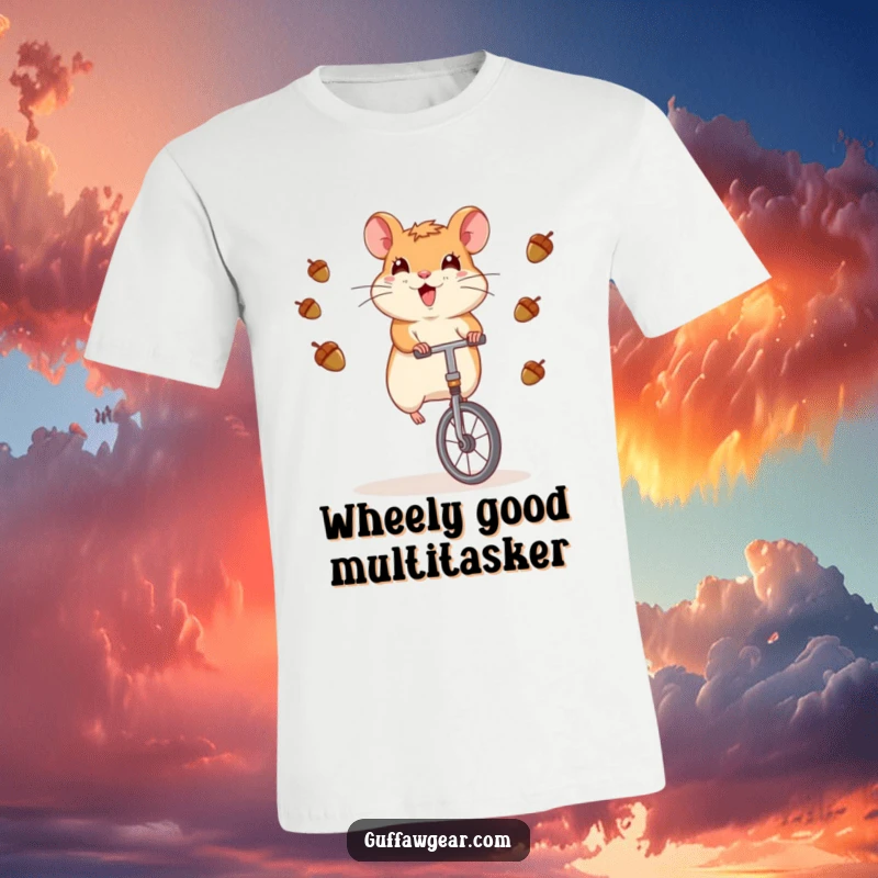 Funny Hamster T-Shirt: A comical hamster rides a unicycle, juggling tiny acorns with impressive dexterity.