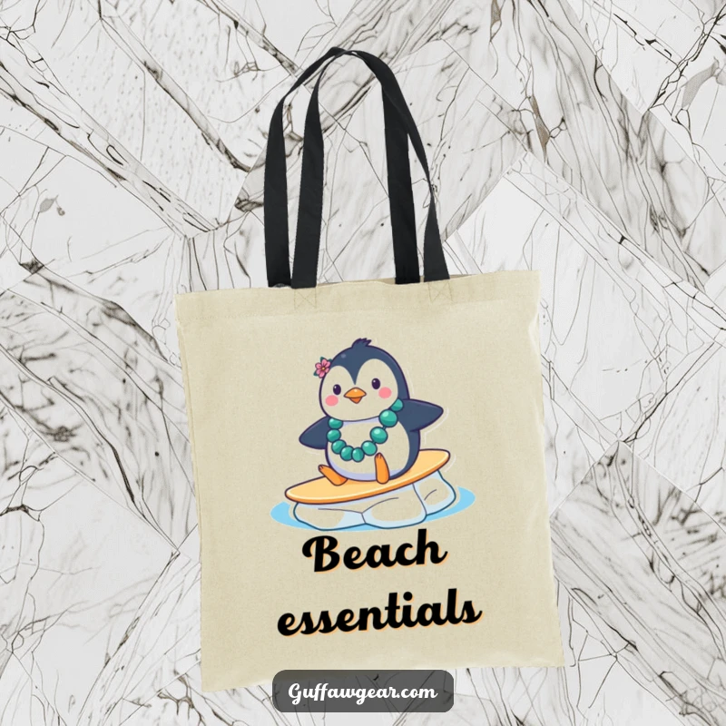 Funny Penguin Ice Surf Tote Bag: A penguin with a lei comically slides down an ice floe, designed for humorous, everyday carrying.