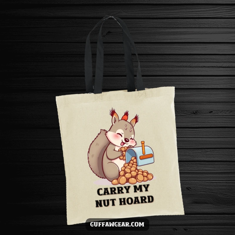 Funny Squirrel Tote Bag: A comical squirrel desperately tries to fit a pile of nuts into a tiny mailbox.