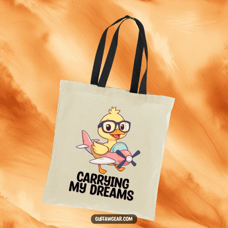 Funny tote bag with a duck in oversized glasses piloting a tiny plane, perfect for groceries or travel, a humorous aviation accessory.