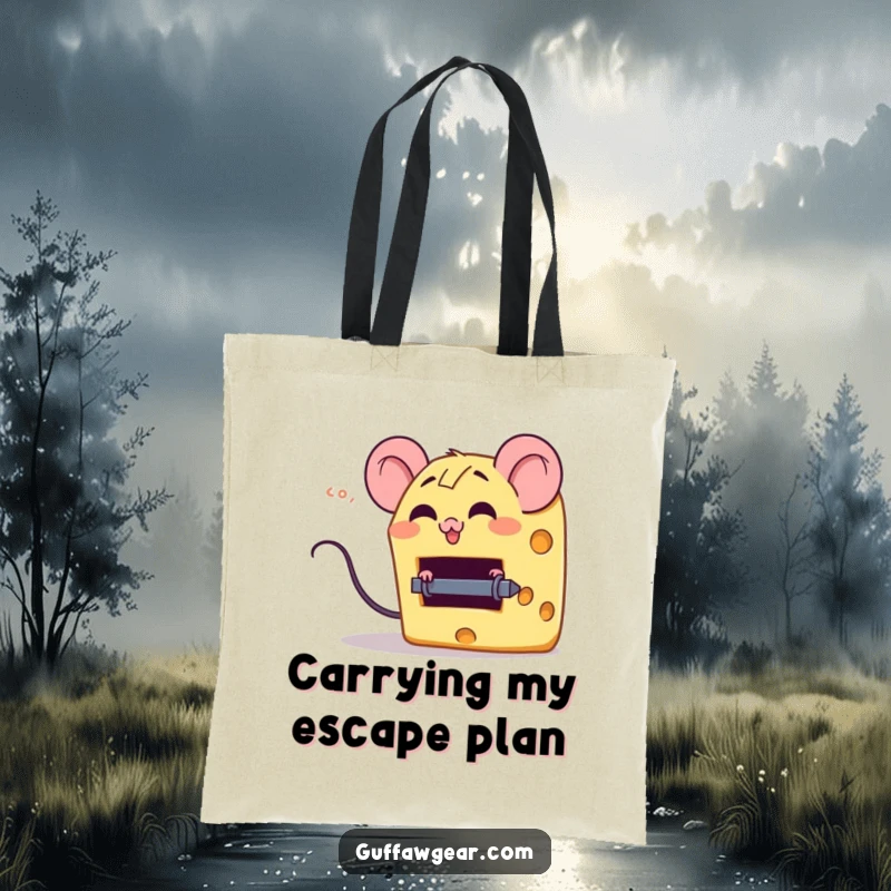 Funny tote bag with a giggling cheese wedge character escaping a tiny mouse trap, ideal for carrying items with a humorous touch.