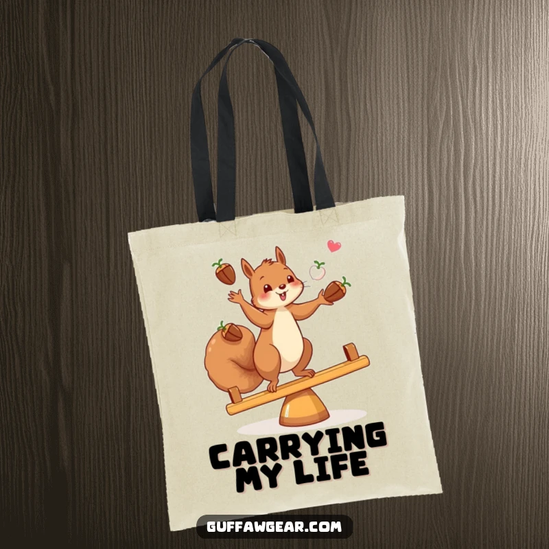 Funny tote bag depicting a skillful squirrel juggling acorns while maintaining balance on a seesaw. A charming accessory.