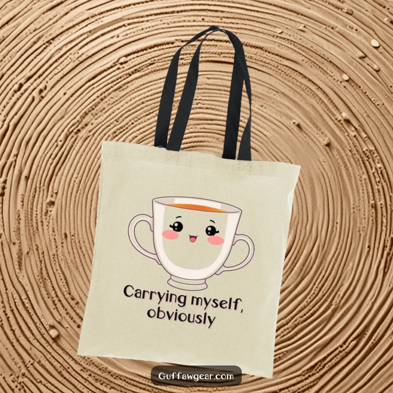 Funny tote bag with a teacup character that has a cute face, adorably trying to drink from its own handle, a humorous and stylish accessory.