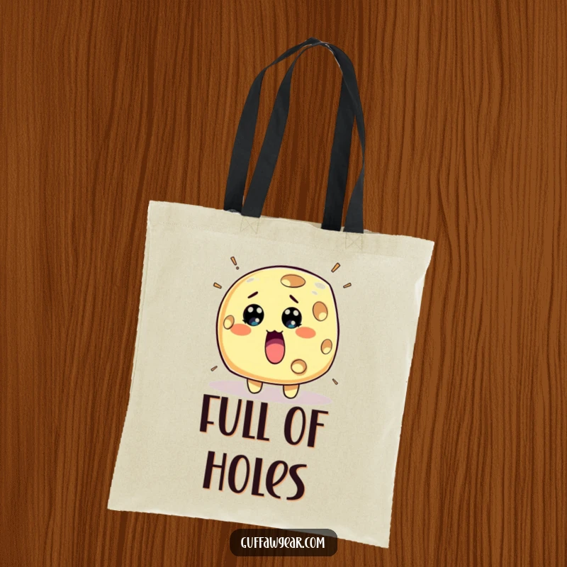 Funny Cheese Tote Bag: A surprised piece of cheese character with holes rapidly appearing, a humorous and practical bag.