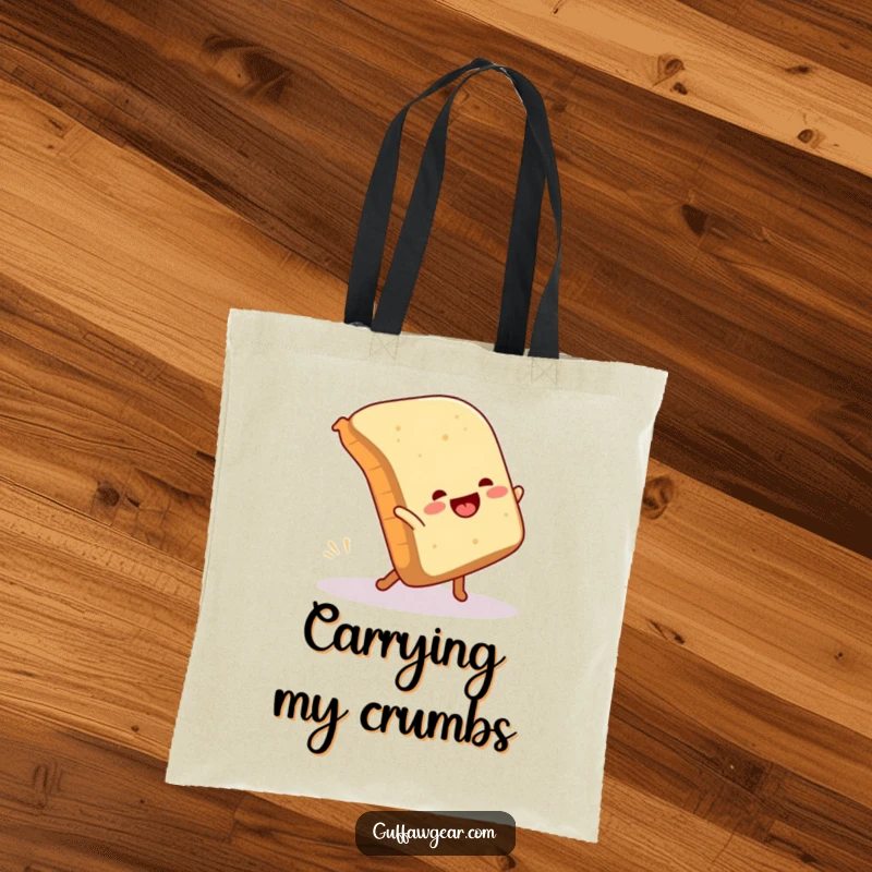 Funny tote bag illustrating a loaf of bread gleefully attempting a cartwheel and humorously tumbling, a comical carry-all.