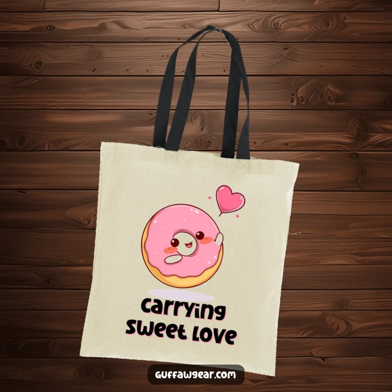 Funny Tote Bag featuring a blushing donut catching a flying candy heart, great for everyday use.