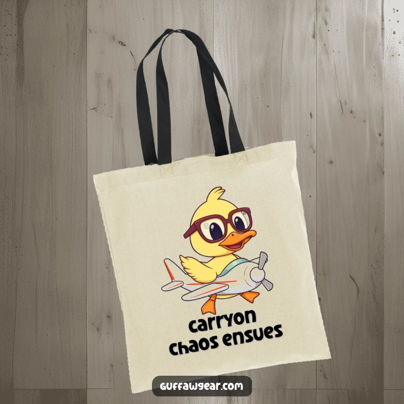 Funny tote bag featuring a duck with large glasses struggling to pilot a very small airplane. Great for carrying humor.