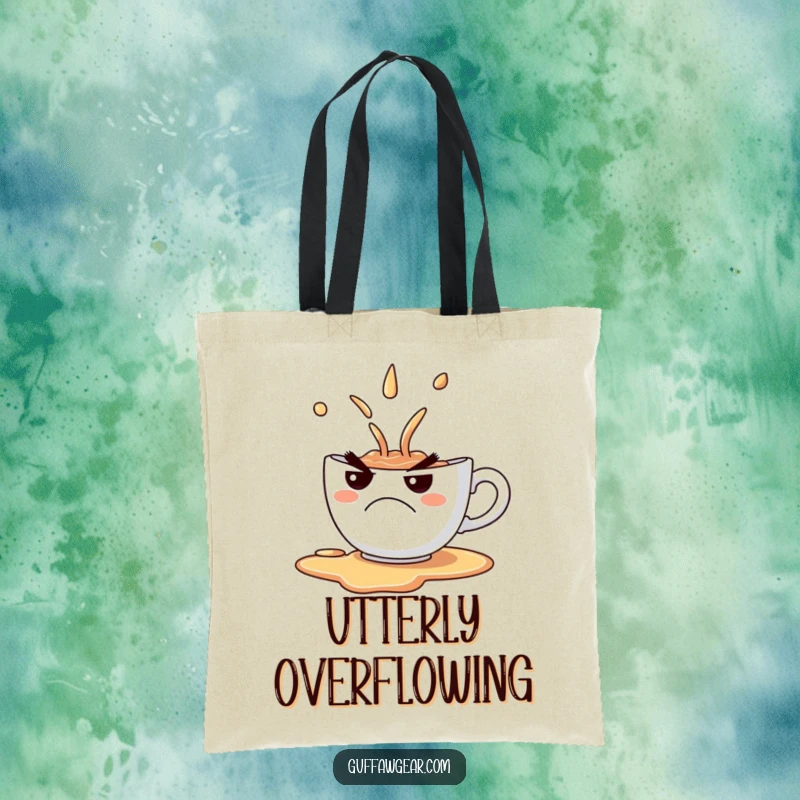 Funny Tote Bag showcasing a grumpy teacup spilling its contents with a comical frown, great for everyday humor.