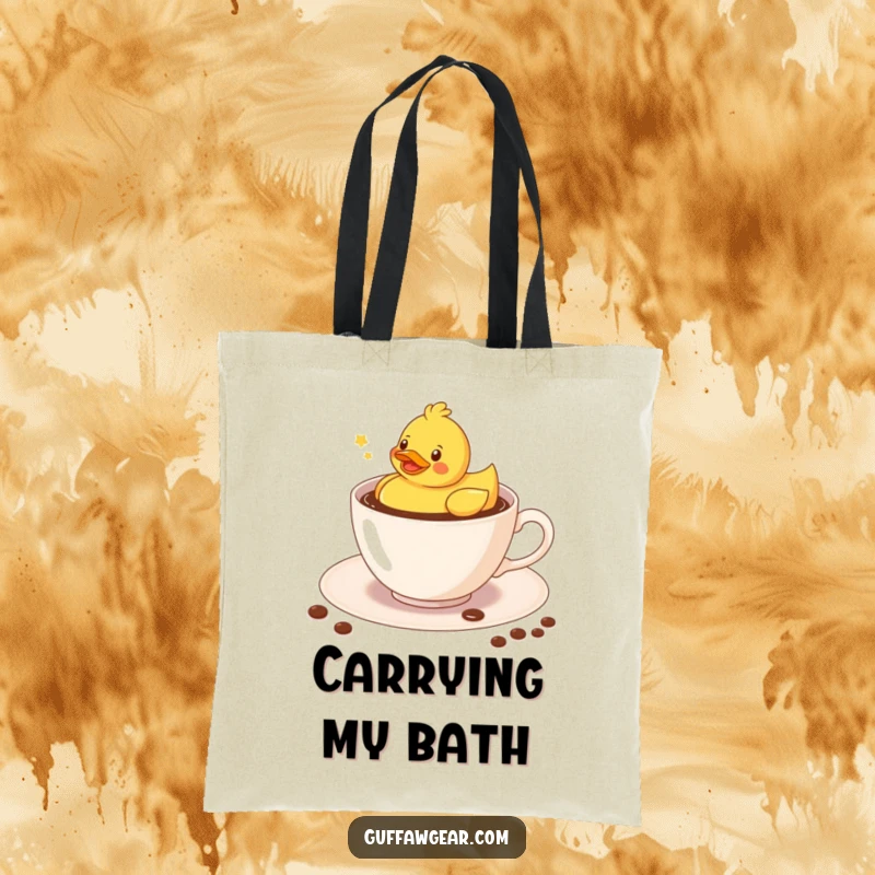 Funny Kawaii rubber duck floating merrily in a coffee-filled teacup, a humorous tote bag for daily use.