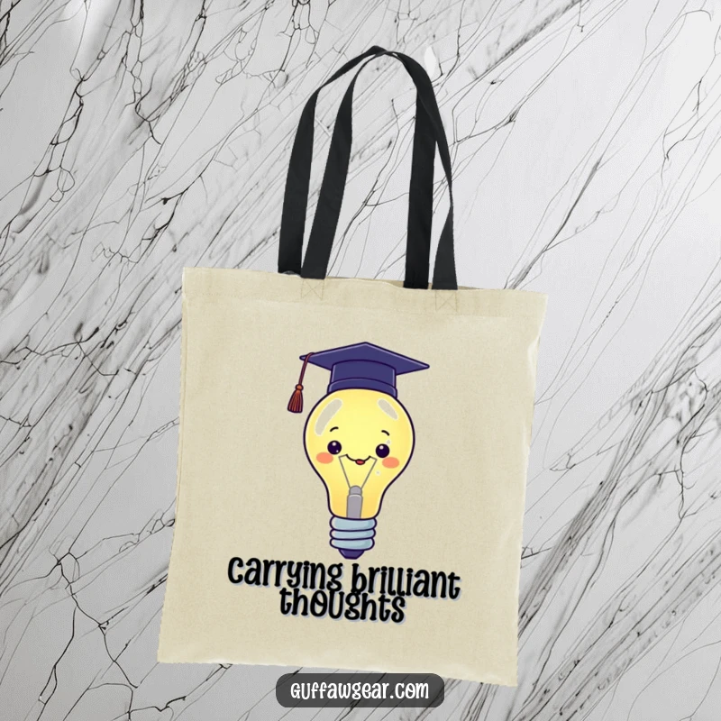 Funny Kawaii tote bag with a proud lightbulb character wearing a graduation cap, great for carrying school items.