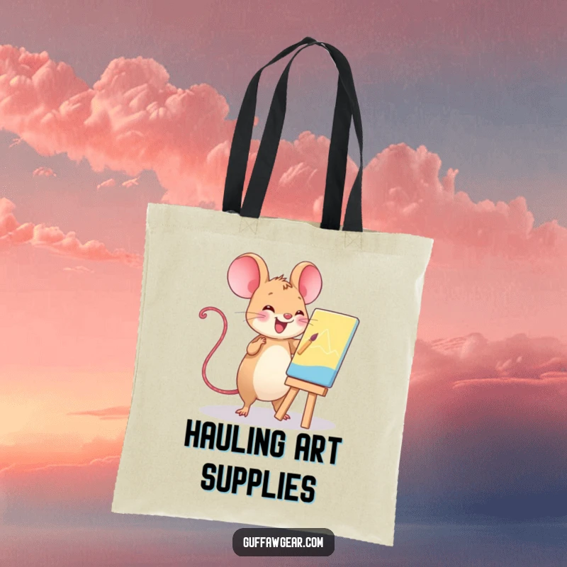 Funny Kawaii computer mouse painting a masterpiece, a humorous tote bag for carrying art supplies.