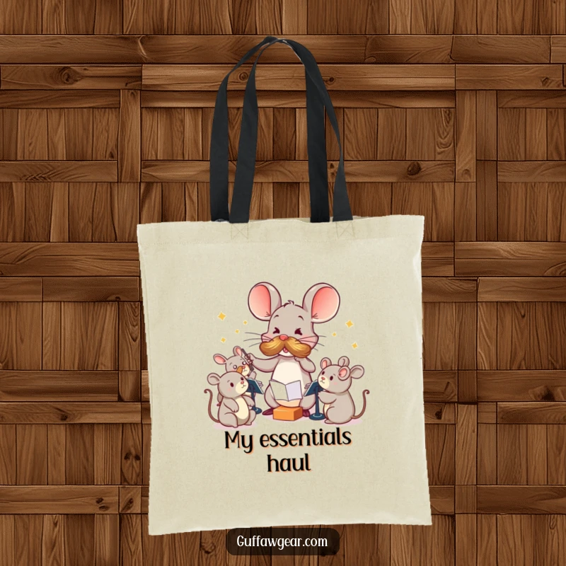 Funny Maestro Mouse Tote Bag: A mouse with a large mustache comically conducts squeaky toys, designed for humorous, everyday carrying.