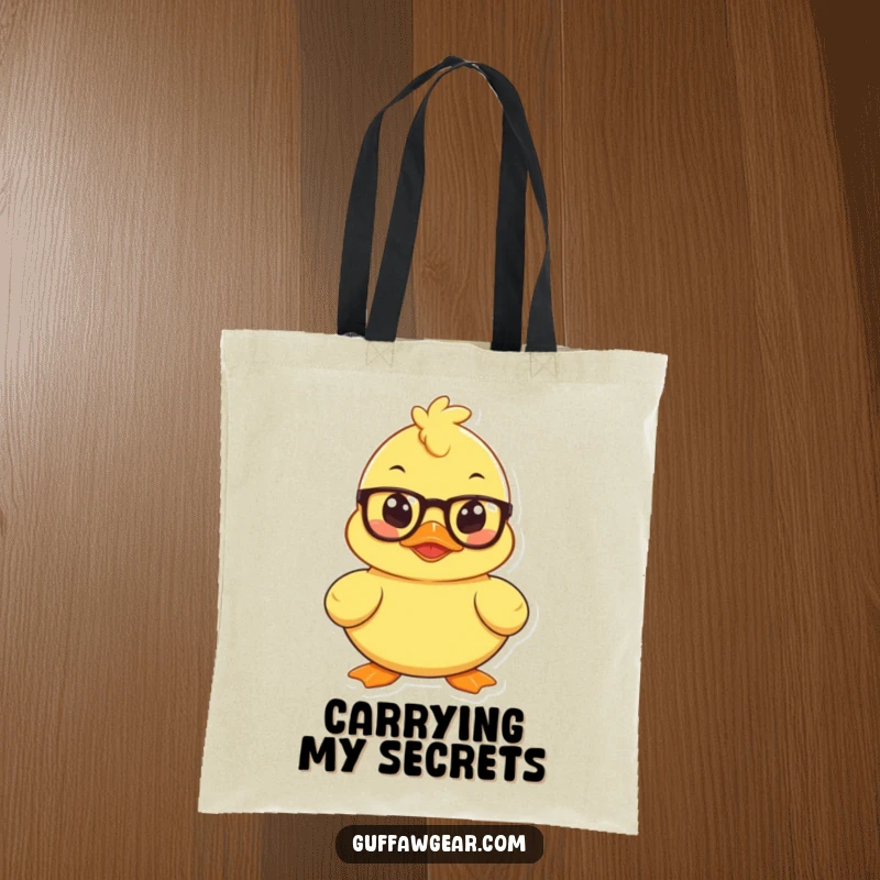 Funny tote bag with a mischievous rubber duck wearing spectacles, plotting, ideal for carrying items with a clever touch.