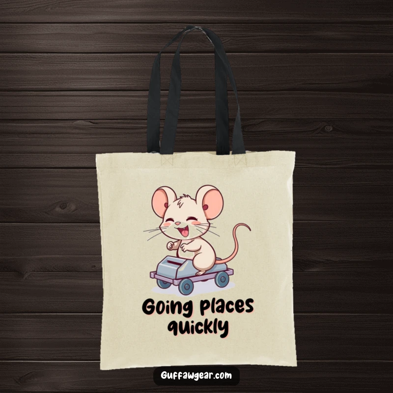 Funny Computer Mouse Tote Bag: A giggling computer mouse riding a rolling mouse trap, a humorous and practical accessory.