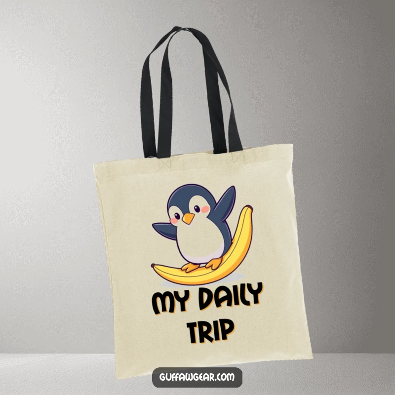 Funny tote bag showcasing a penguin's dramatic mid-fall after slipping on a banana peel. Great for carrying humor.