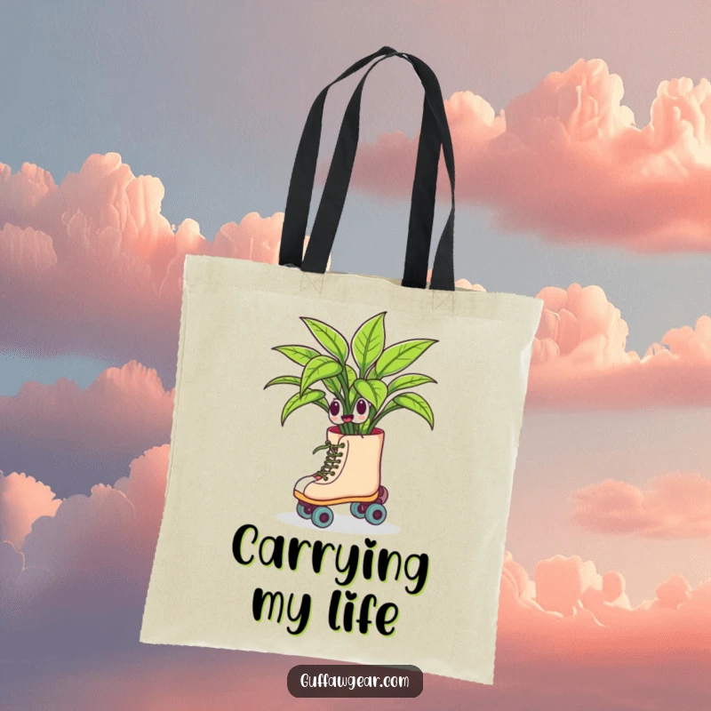Funny tote bag featuring a houseplant on roller skates, humorously swerving mid-skate, ideal for carrying items with a botanical and comical twist.