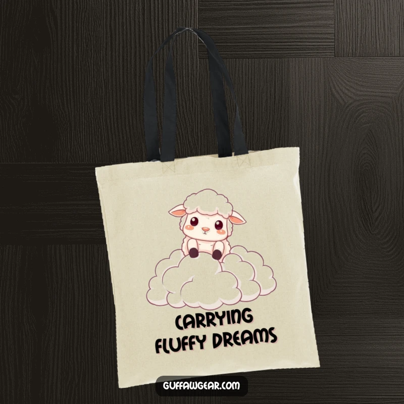 Funny tote bag illustrating a sheep's dramatic fall into a fluffy cloud bank, perfect for carrying essentials with a comedic flair.