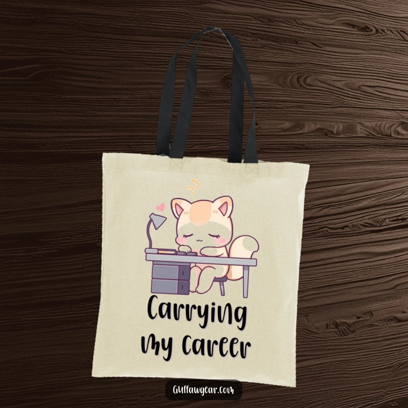 Funny sleeping fox tote bag, featuring a fox pretending to be asleep at its desk, ideal for carrying daily essentials humorously.