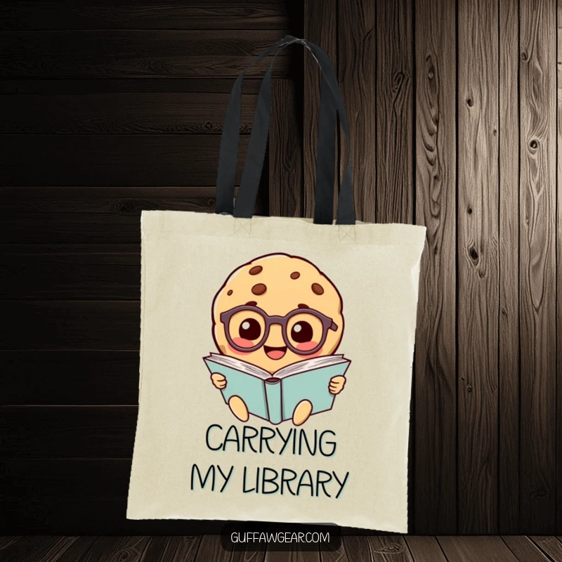 Funny smiling cookie character with glasses reading a giant book, depicted on a durable and stylish tote bag.
