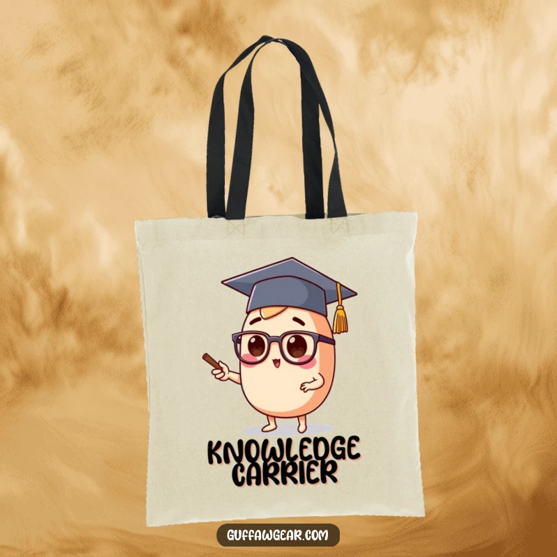 Funny tote bag showing a food character wearing a graduation cap and spectacles, lecturing, ideal for carrying study materials.