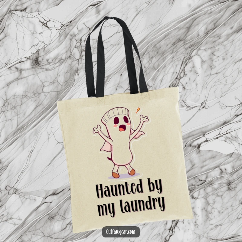Funny tote bag showing a dancing sock character with a bewildered ghost popping out, perfect for carrying groceries or laundry with humor.