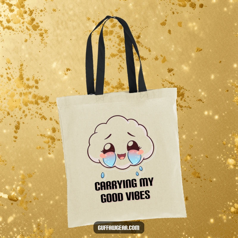 Funny cloud character crying oversized, sparkly tears of joy on a tote bag, perfect for carrying essentials with happiness.
