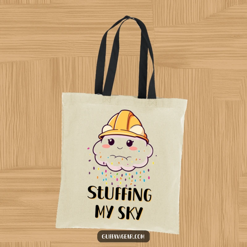 Funny Tote Bag with a cloud wearing a construction helmet, raining colorful sprinkles, perfect for carrying items with a cheerful, sweet style.