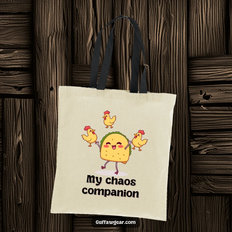 Funny tote bag with a lively taco character on legs joyfully juggling three rubber chickens, perfect for carrying groceries and giggles.