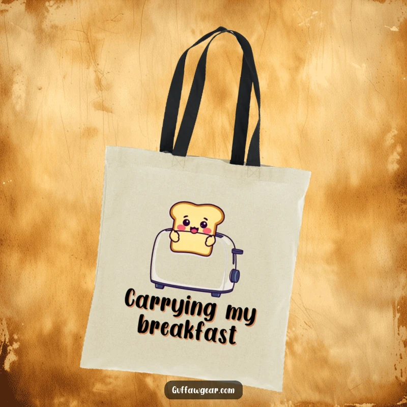 Funny tote bag with a cheerful toast character comically popping out of a toaster, perfect for carrying breakfast goodies and smiles.