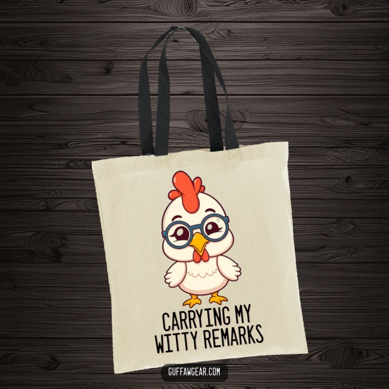 Funny rubber chicken with a monocle comically winking, a stylish and humorous tote bag for carrying items with a smile.