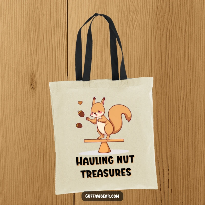 Funny tote bag with a squirrel juggling acorns while balancing on a teeter-totter, practical for shopping and everyday use.