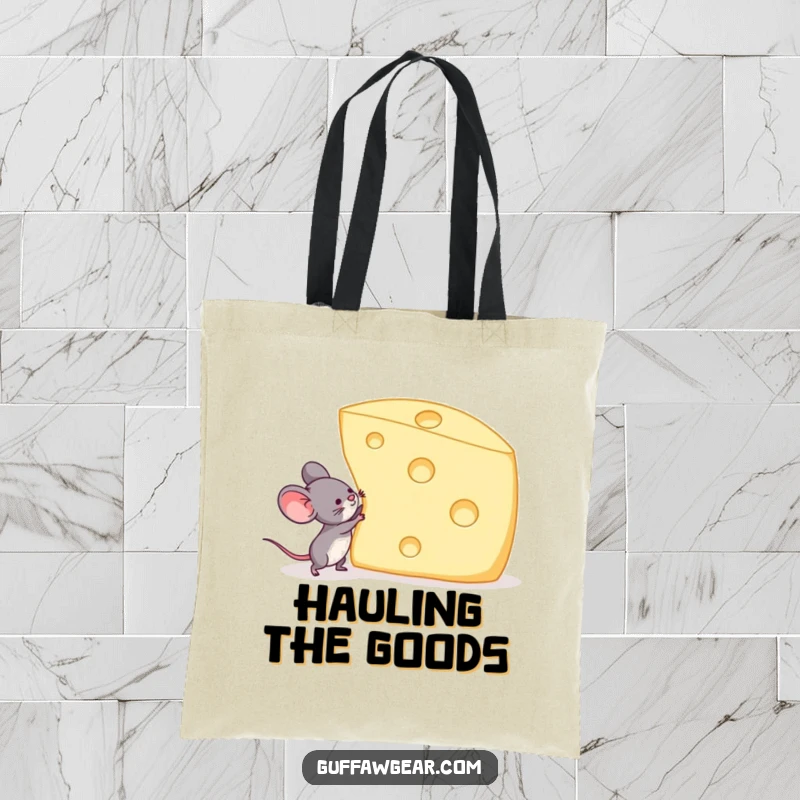 Funny tote bag with a mouse straining to lift a giant Swiss cheese slice, ideal for carrying goods and spreading motivation.