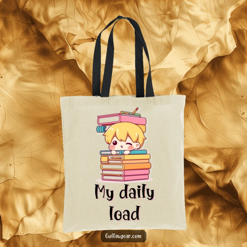 Funny tote bag illustrating a character attempting to balance a tall stack of office supplies, a humorous accessory for daily use.