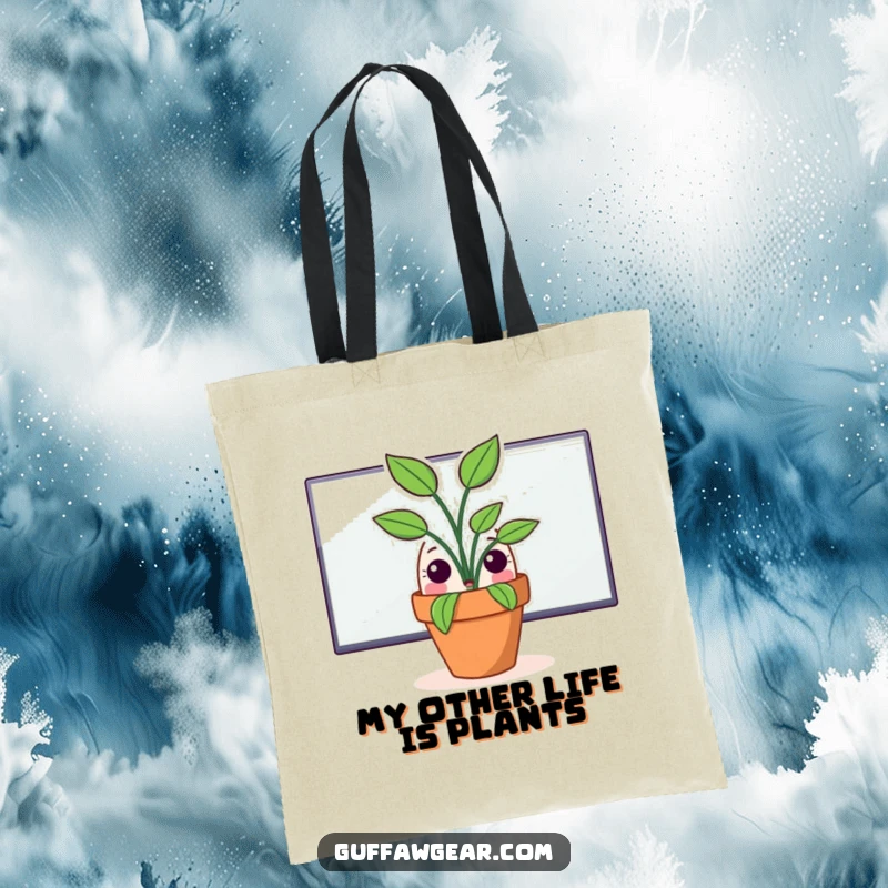 Funny tote bag with a surprised potted plant peeking over a computer monitor, ideal for carrying daily items with a touch of humor.