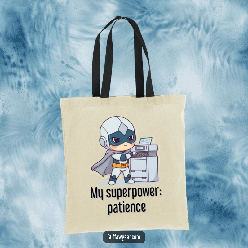 Funny tote bag illustrating a superhero struggling comically to fix a printer, a humorous accessory for carrying everyday items.