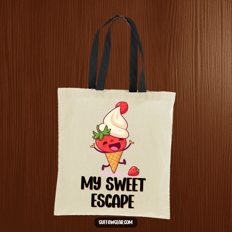 Funny tote bag featuring a startled strawberry running from a laughing ice cream cone, perfect for carrying items with a humorous food-themed flair.